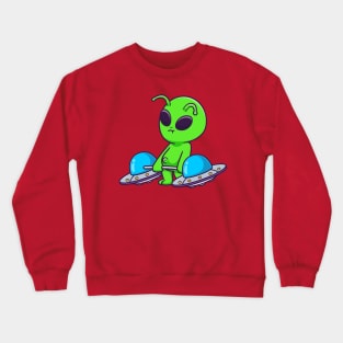 Cute Alien Lifting Ufo Barbell Cartoon Crewneck Sweatshirt